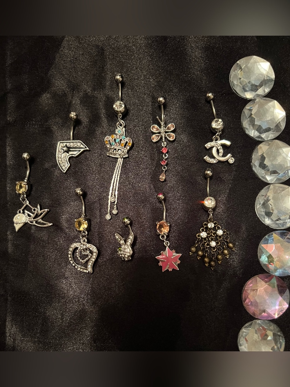9 Silver-Tone Crystal Rhinestone Charm Belly Ring - Pink & Clear Accents